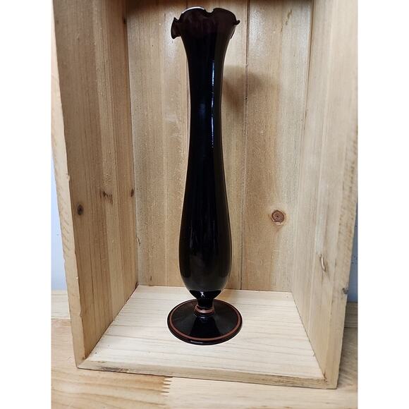 FENTON BLACK AMETHYST HAND PAINTED 10" VASE DAISY STRIPE RUFFLE UNSIGNED - Picture 6 of 7